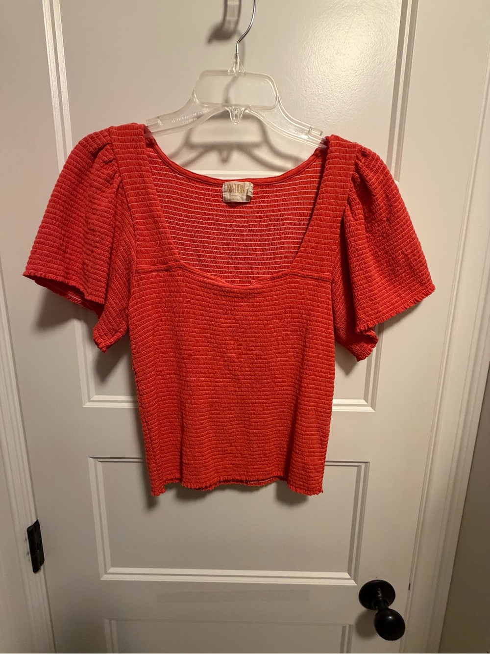Nation LTD Coral Red Square Neck Puff Sleeve Top